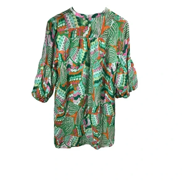 Jade Melody Tam Green Multi Abstract Balloon Sleeve Tunic Mini Dress Medium - Picture 4 of 12